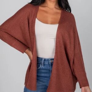 Women's Sm Striped Open Cardigan Burgandy &.Black Side Slits Cuffed At Wrist